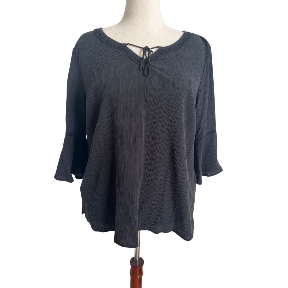 D & Co Denim + Company 3/4 Bell Sleeve Classic Black Blouse 1X
